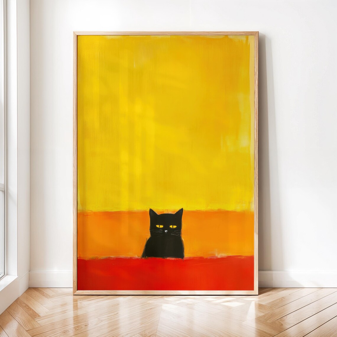 Black Cat with Yellow Eyes on Abstract Sunset Color Block Poster