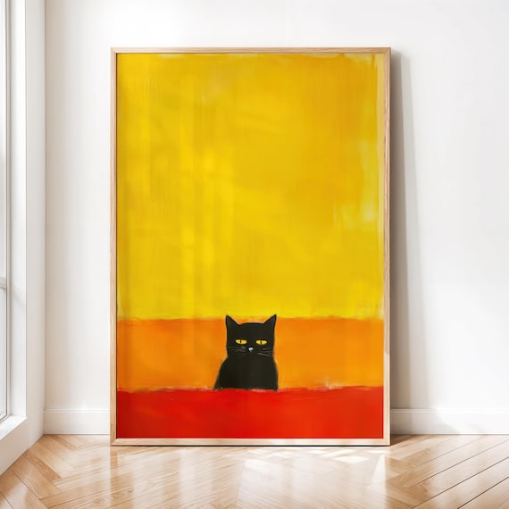 Black Cat with Yellow Eyes on Abstract Sunset Color Block Poster