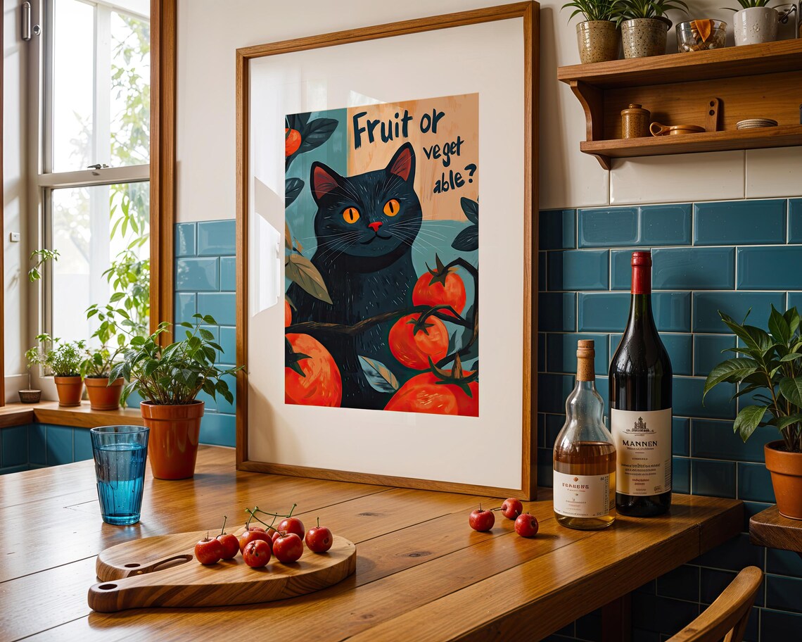 Black Cat With Tomatoes Fruit Or Veget Able Funny Kitchen Retro Style Humor Poster - Image 4
