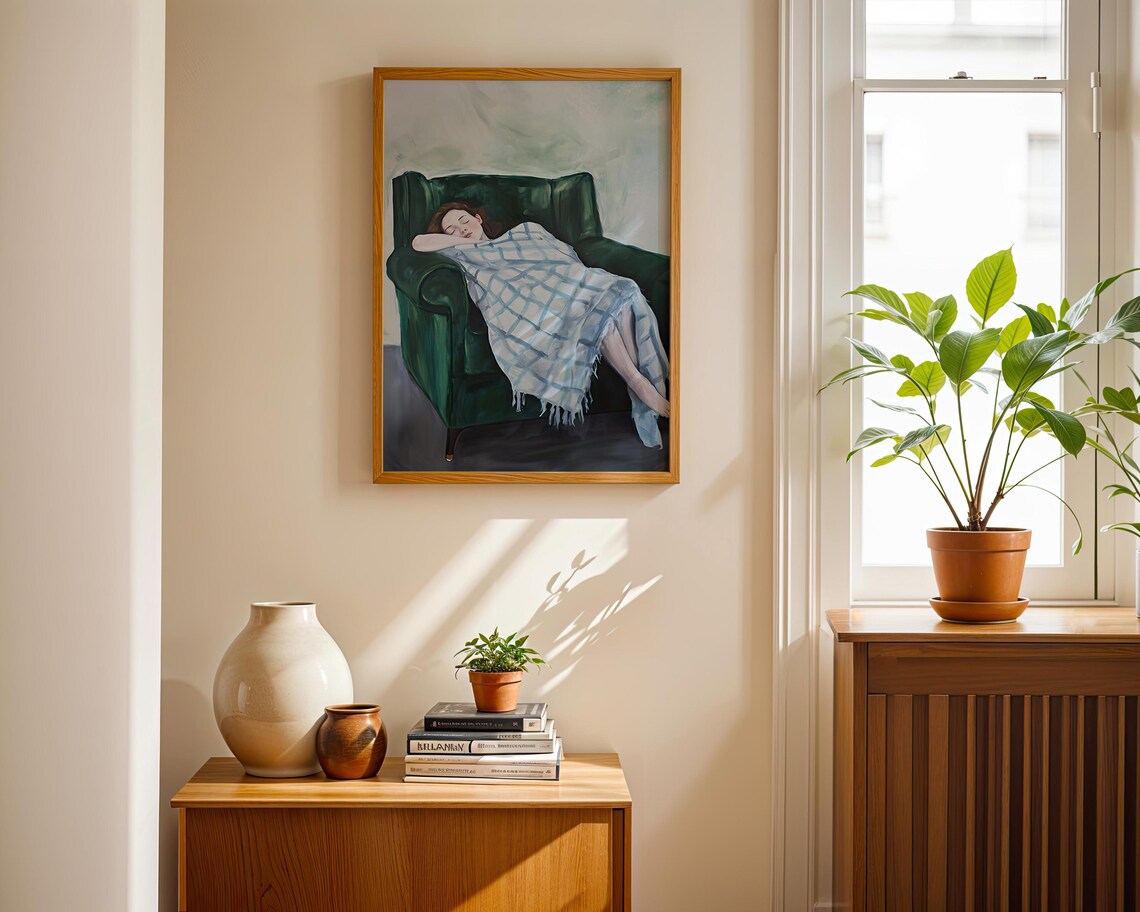 Sleeping Woman in Green Armchair Under Plaid Blanket Art Poster - Image 3