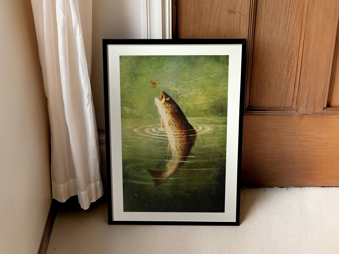 Leaping Brown Trout Rising to Fly Vintage Fishing Art Wall Poster - Image 2