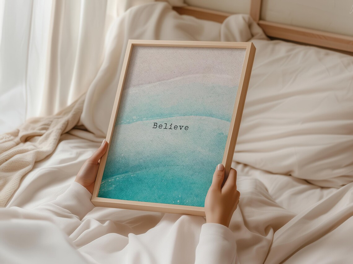 Believe Minimalist Teal Watercolor Typography Inspirational Quote Poster - Image 4
