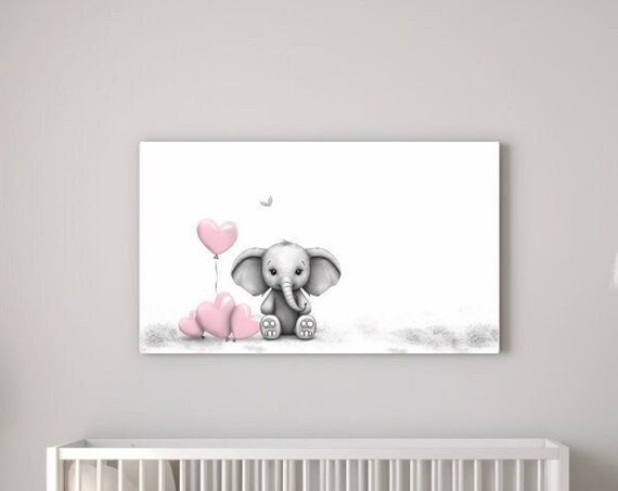 Baby Elephant With Pink Heart Balloons Watercolor Nursery Wall Poster