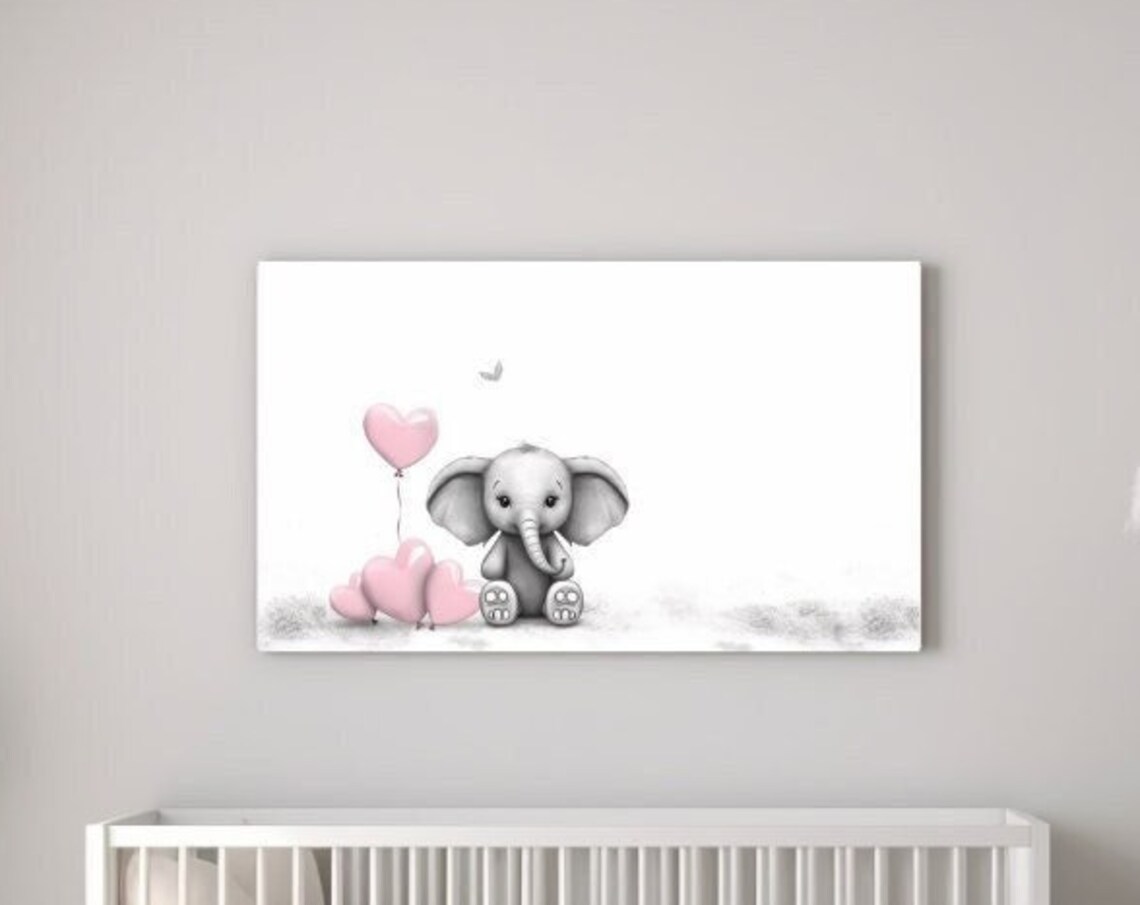 Baby Elephant With Pink Heart Balloons Watercolor Nursery Wall Poster