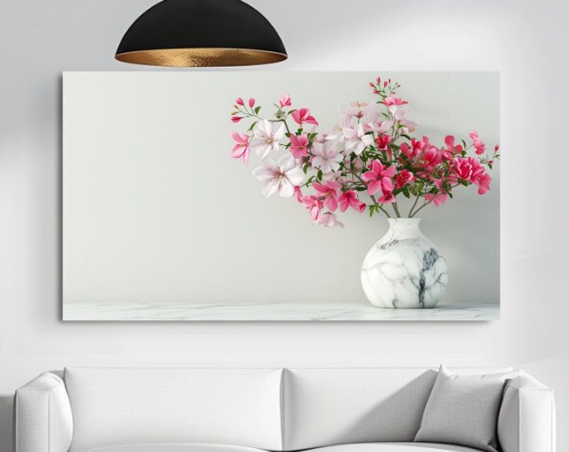 Pink Azalea Blossoms White Marble Vase Elegant Floral Wall Art