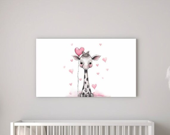 Baby Giraffe With Pink Heart Balloon Cute Watercolor Nursery Wall Art Print