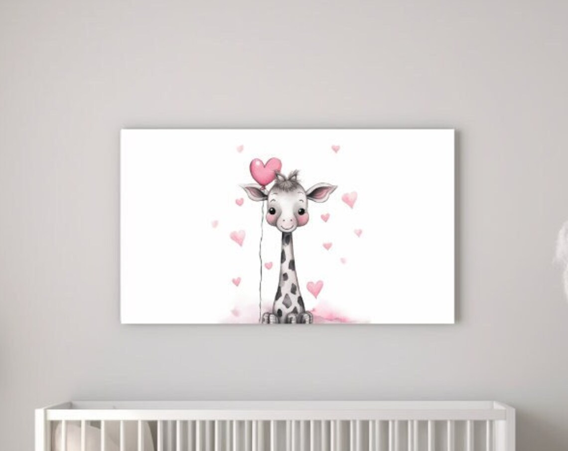 Baby Giraffe With Pink Heart Balloon Cute Watercolor Nursery Wall Art Print