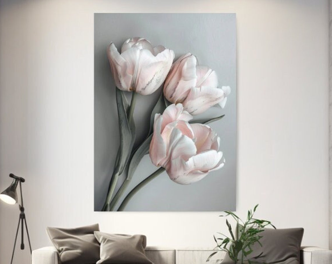 Pale Pink White Tulips Soft Grey Minimalist Elegant Floral Art Poster