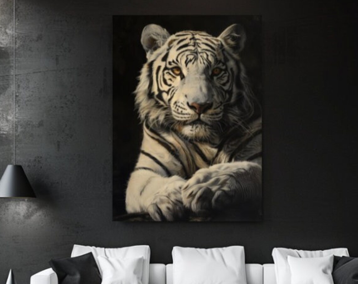 White Tiger Portrait Black Background Majestic Big Cat Poster