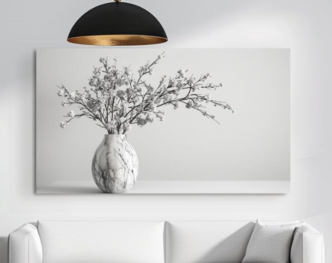 White Blossom Branches Marble Vase Minimalist Floral Wall Art