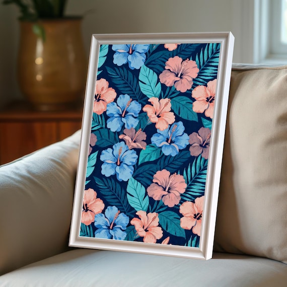 Tropical Hibiscus Floral Pattern in Coral and Blue on Navy Poster