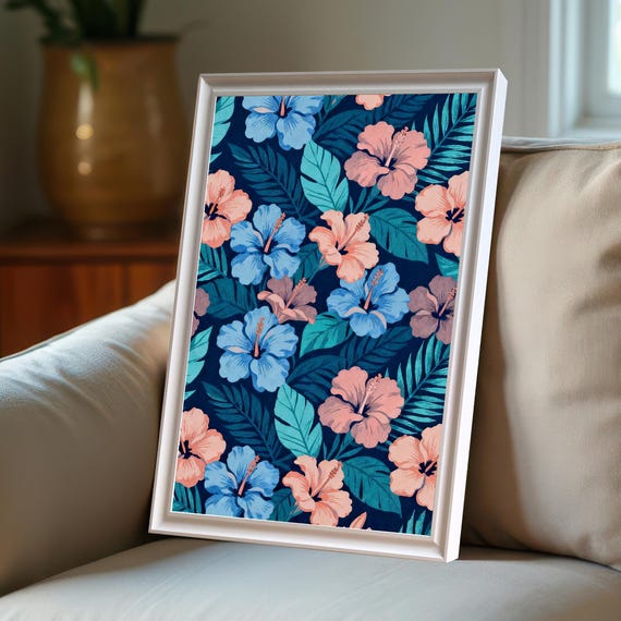 Tropical Hibiscus Flower Wall Art Print Boho Floral Pattern Wood Frame Decor
