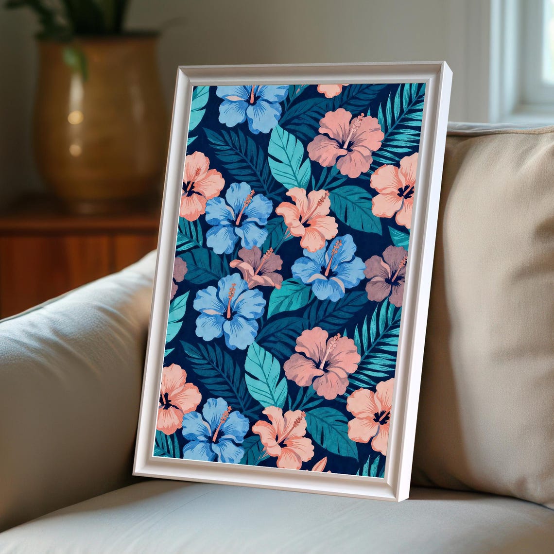 Tropical Hibiscus Flower Wall Art Print Boho Floral Pattern Wood Frame Decor