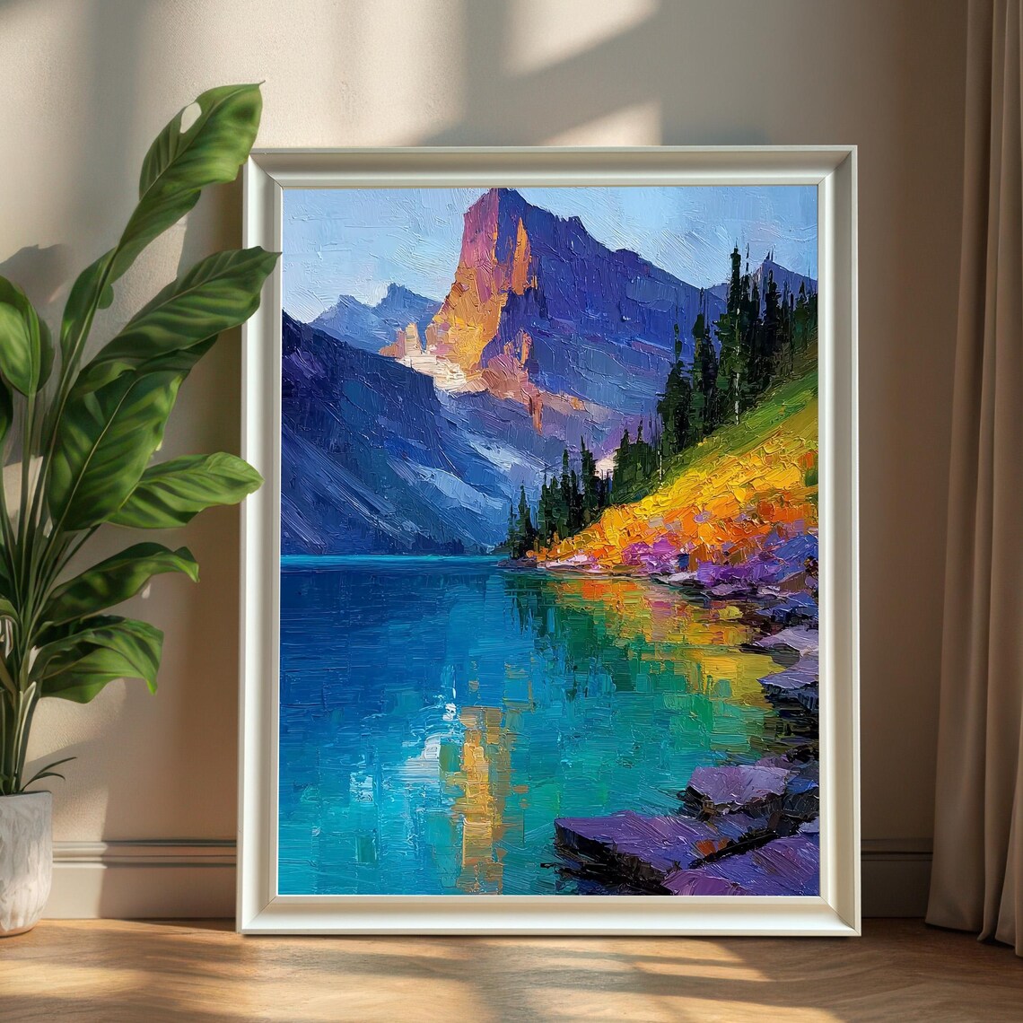 Textured Impasto Mountain Lake Vivid Oil Painting Colorful Nature Poster