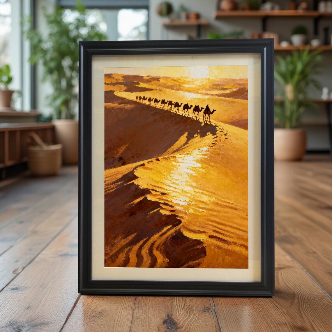 Desert Sunset Camel Caravan Landscape Art Print