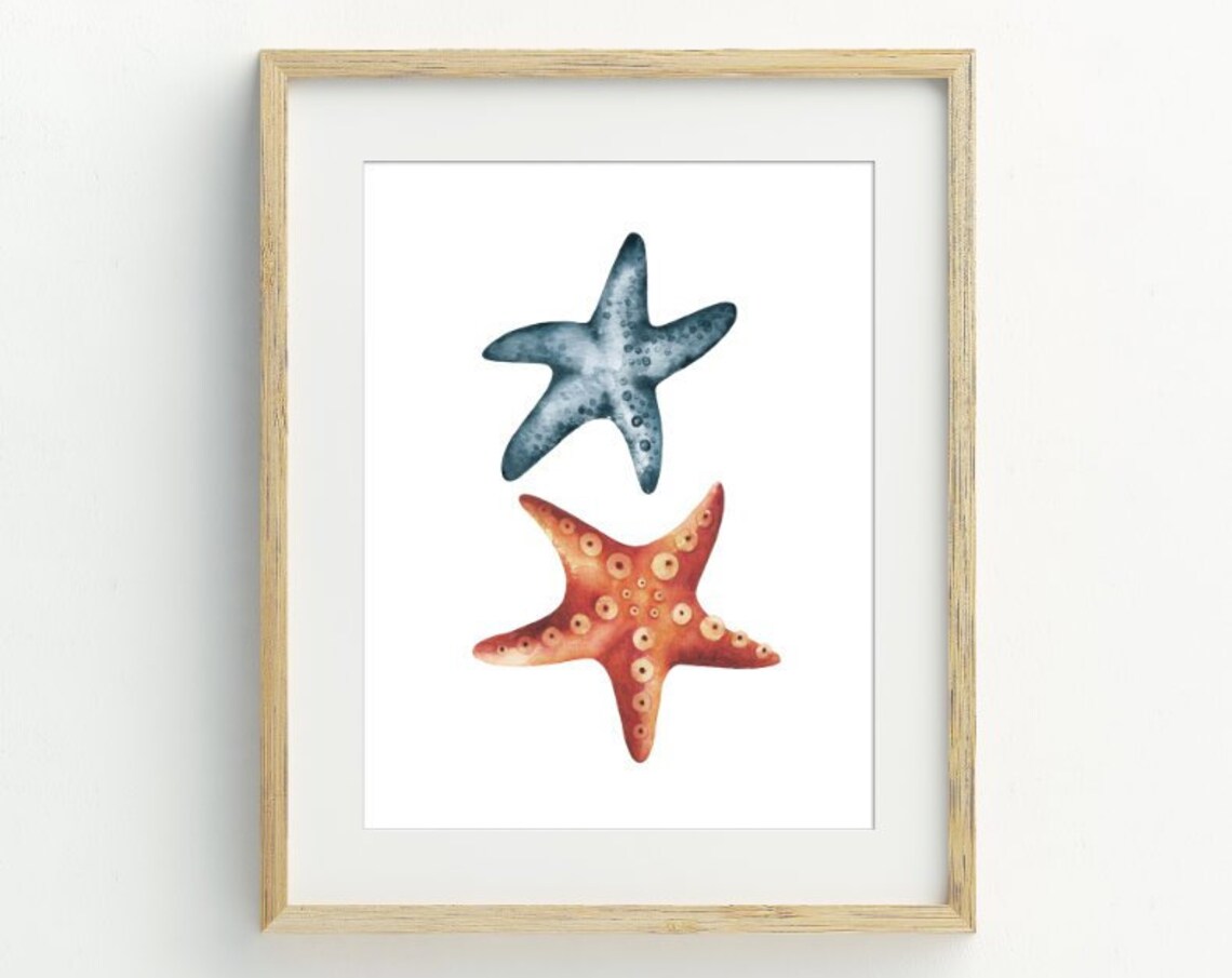 Blue Orange Starfish Watercolor Painting Coastal Beach Art Poster