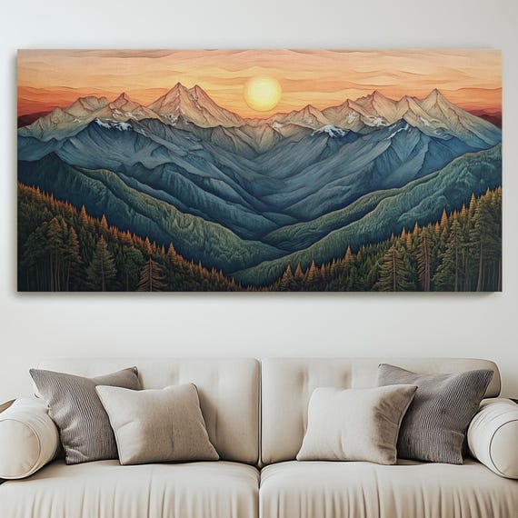 Golden Sunrise Over Layered Wood Mountains Vibrant Peaks And Forests Handmade Nature 3d Landscape Canvas Print Colored Grain Art
