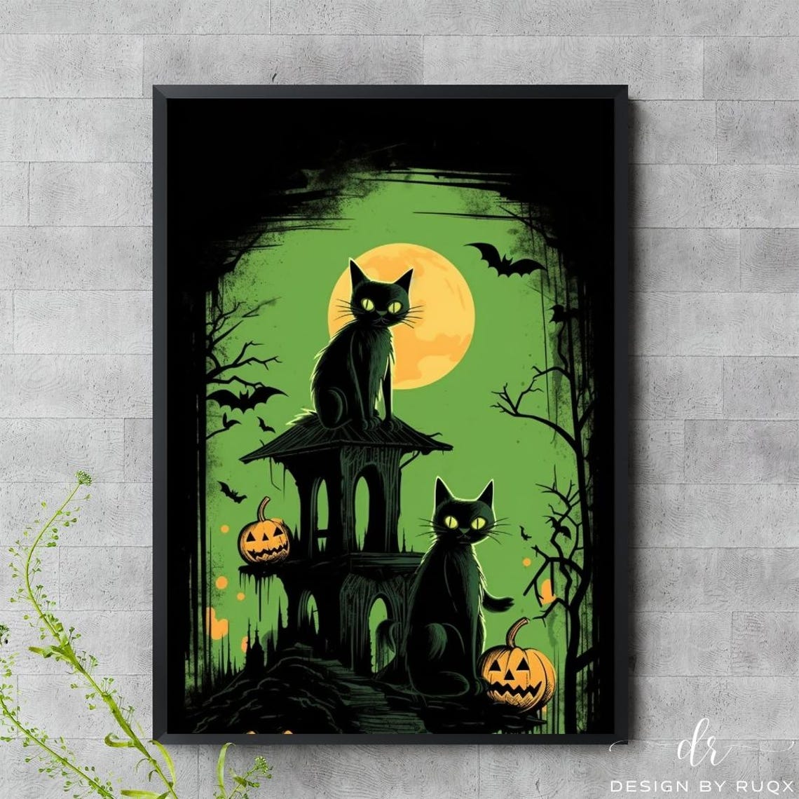 Black Cat Halloween Print Spooky Haunted House Gothic Witch Decor