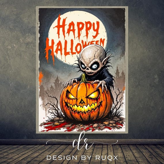 Creepy Vampire Pumpkin Halloween Art Gothic Horror Decor