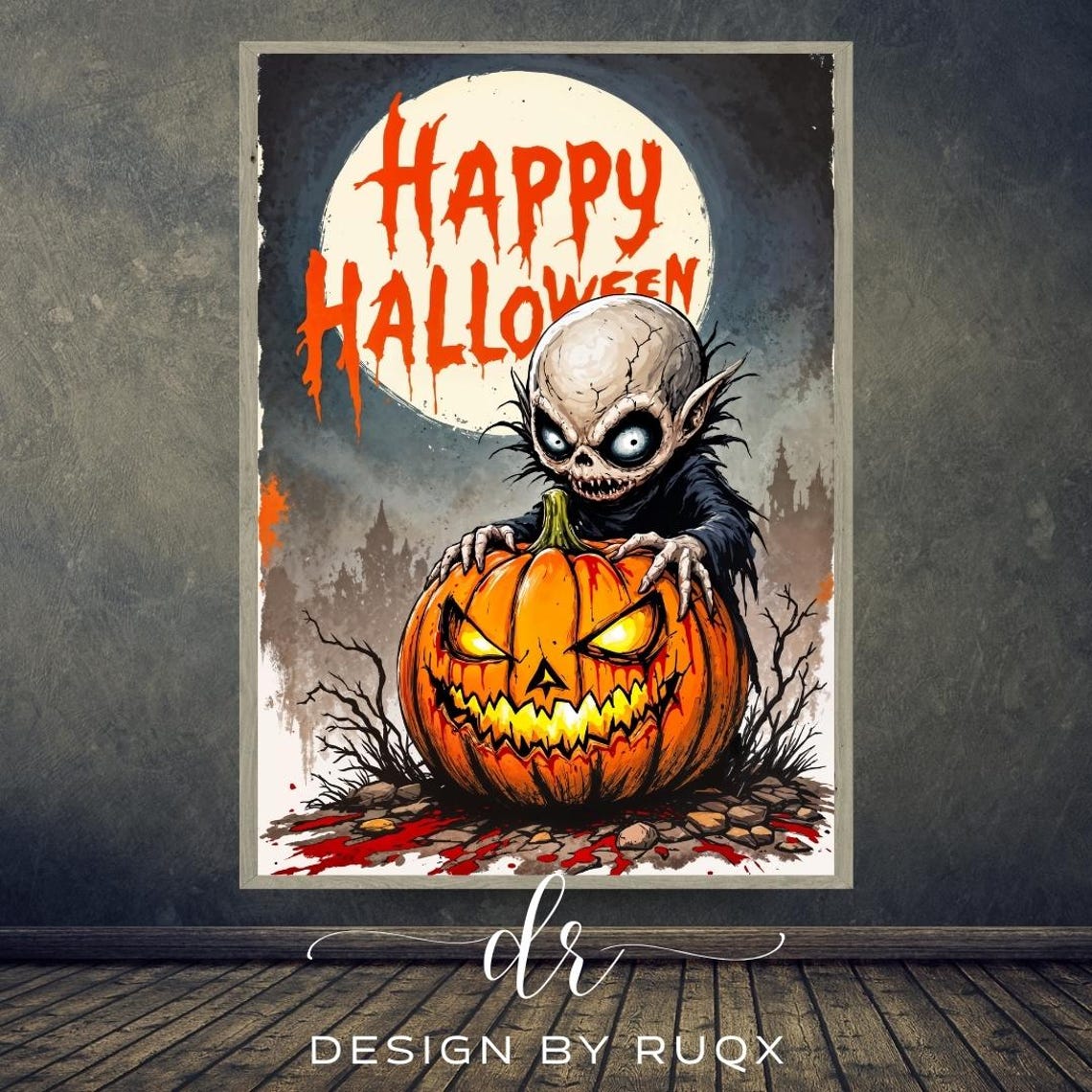Creepy Vampire Pumpkin Halloween Art Gothic Horror Decor