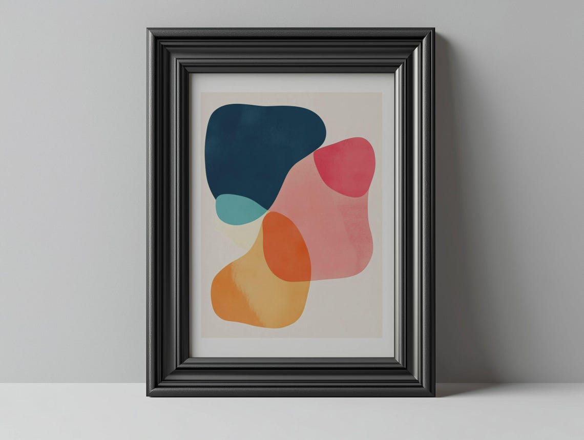 Navy Coral and Teal Organic Blob Abstract Mid Century Poster - Image 4