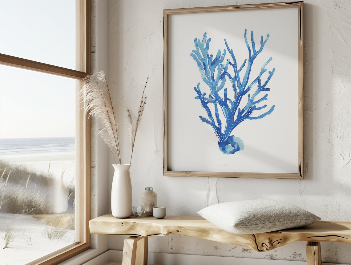Blue Coral Watercolor Coastal Beach House Trendy Ocean Wall Art - Image 2