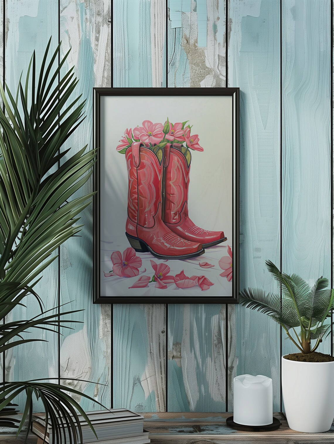 Red Cowboy Boots With Pink Flowers Coastal Cowgirl Art Poster - Image 4