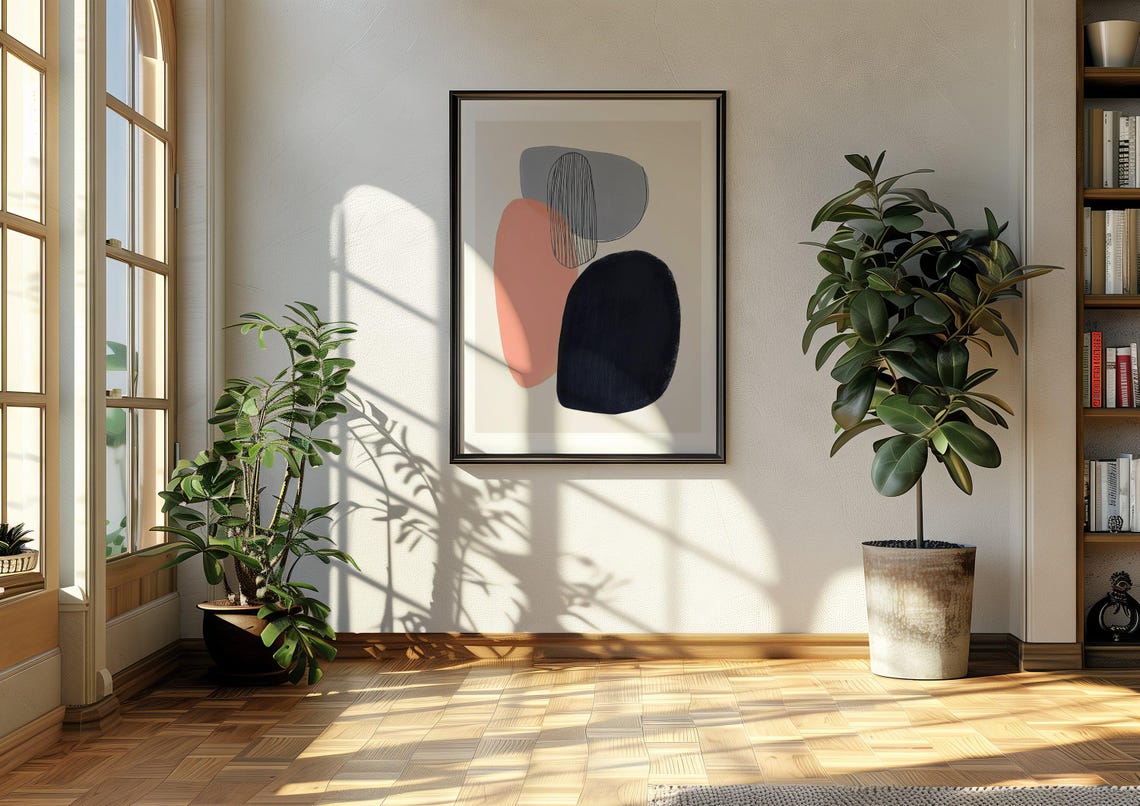 Navy Coral and Gray Abstract With Striped Ellipse Modern Poster - Image 2
