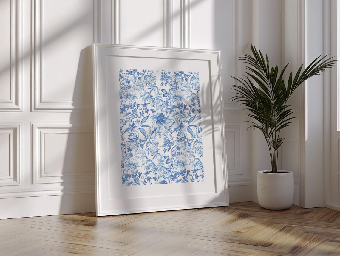 Blue Toile De Jouy Botanical Poster Vintage French Floral Vine Artwork - Image 4