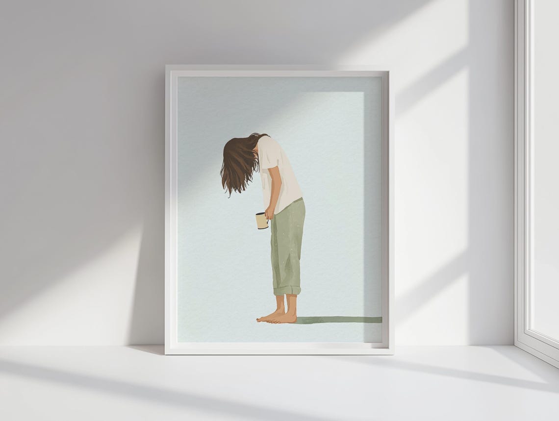 Exhausted Mom Bent Over Morning Coffee Funny Minimalist Poster - Image 2