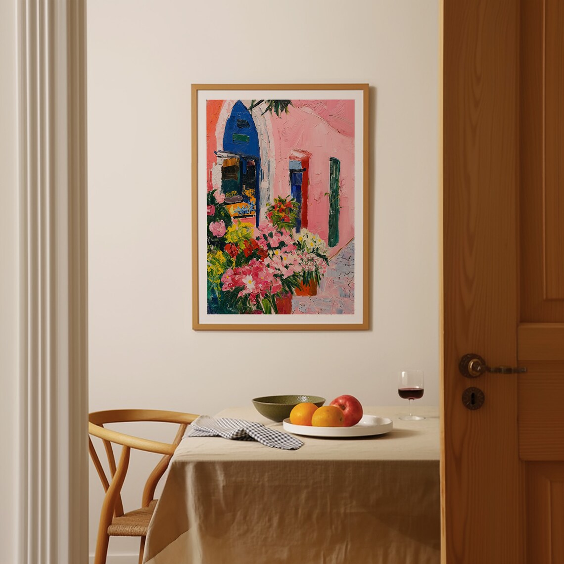 Colorful Flower Market Oil Painting With Pink Blue Door Facade Poster - Image 4