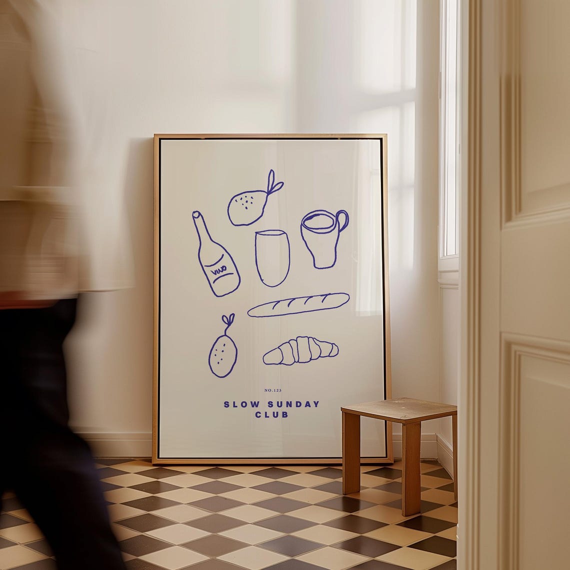 Slow Sunday Club French Breakfast Blue Line Drawing Kitchen Poster - Image 2