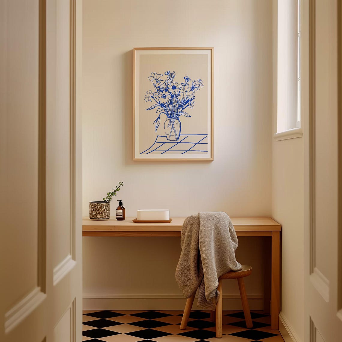 Blue Line Wildflower Bouquet In Vase Minimalist Botanical Poster - Image 2