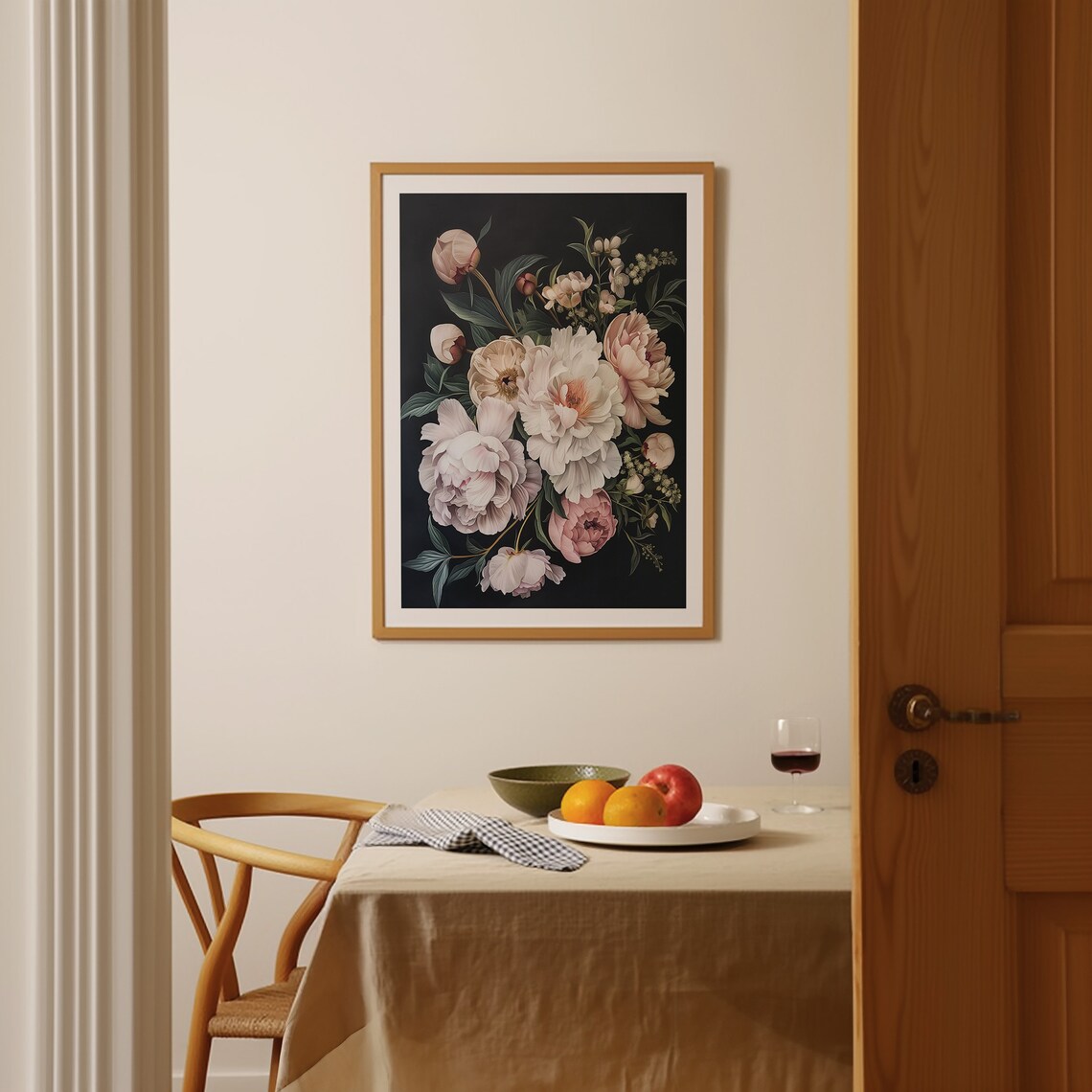 Blush Pink Peonies on Black Dark Botanical Floral Arrangement Poster - Image 2