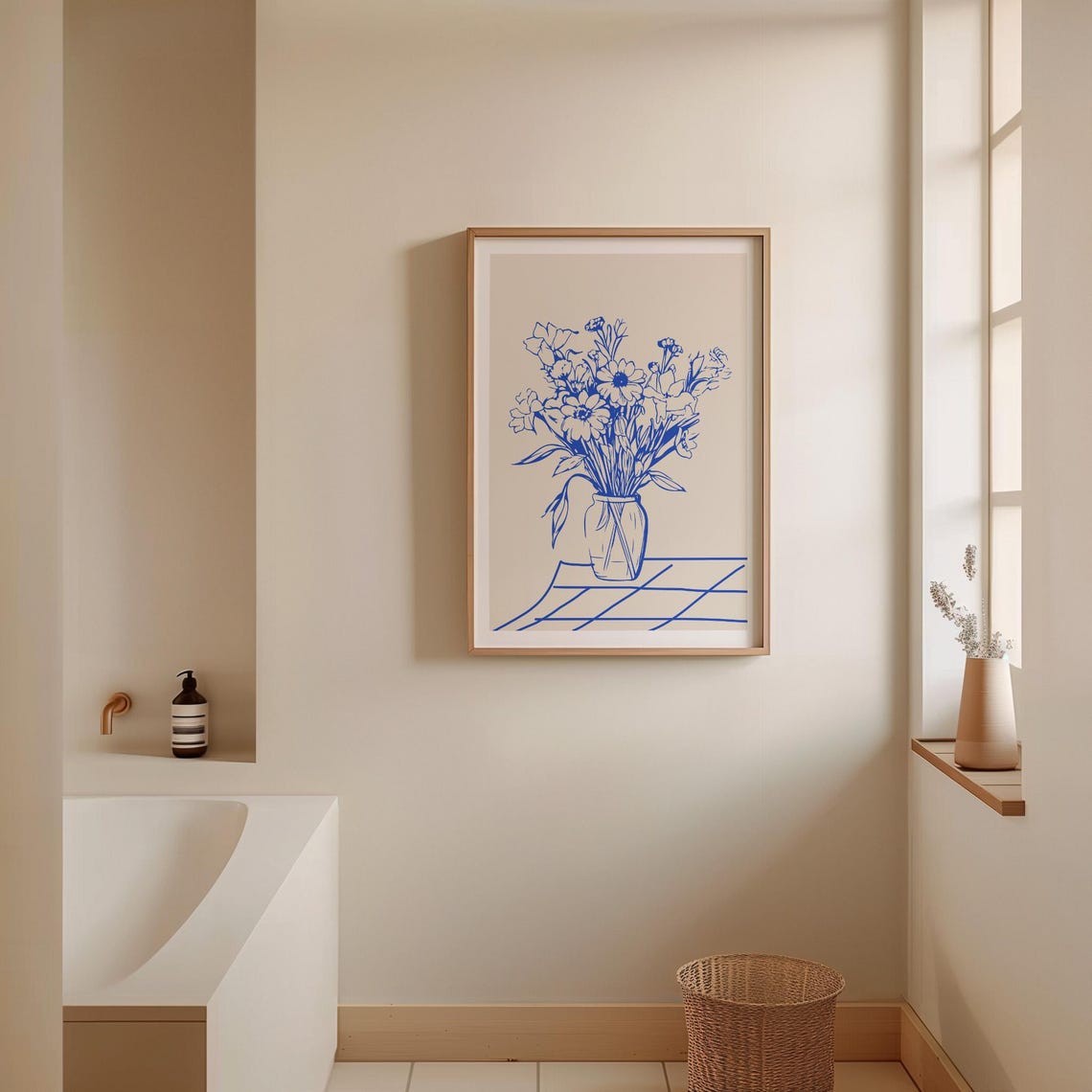Blue Line Wildflower Bouquet In Vase Minimalist Botanical Poster - Image 4