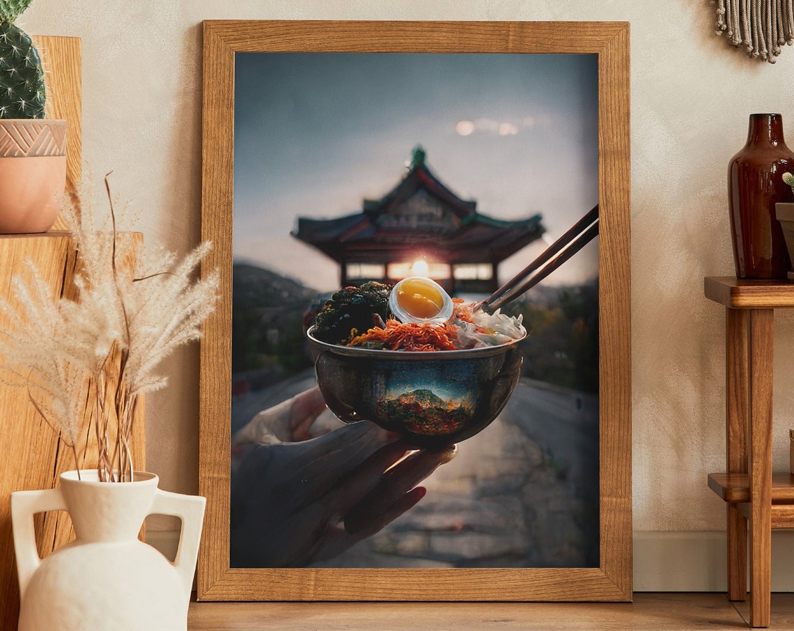 Bibimbap Bowl Held Before A Korean Temple At Sunset Travel Poster
