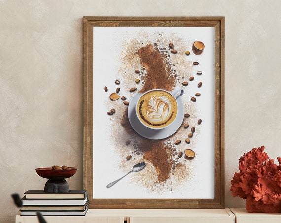 Cappuccino And Coffee Beans Painting Artwork Print At Home Wall Art Wall Art Print Instant Art