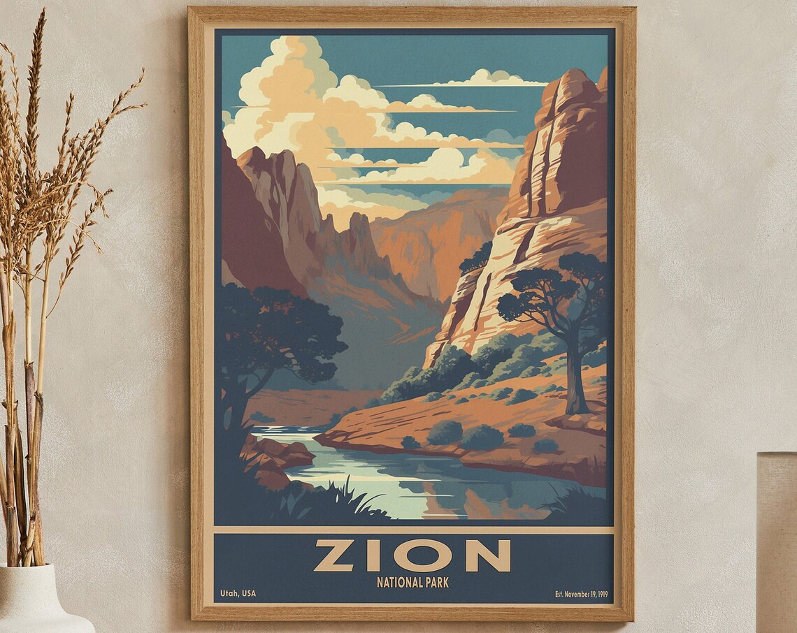 Zion National Park Utah Red Rock Canyon River Retro Travel Poster