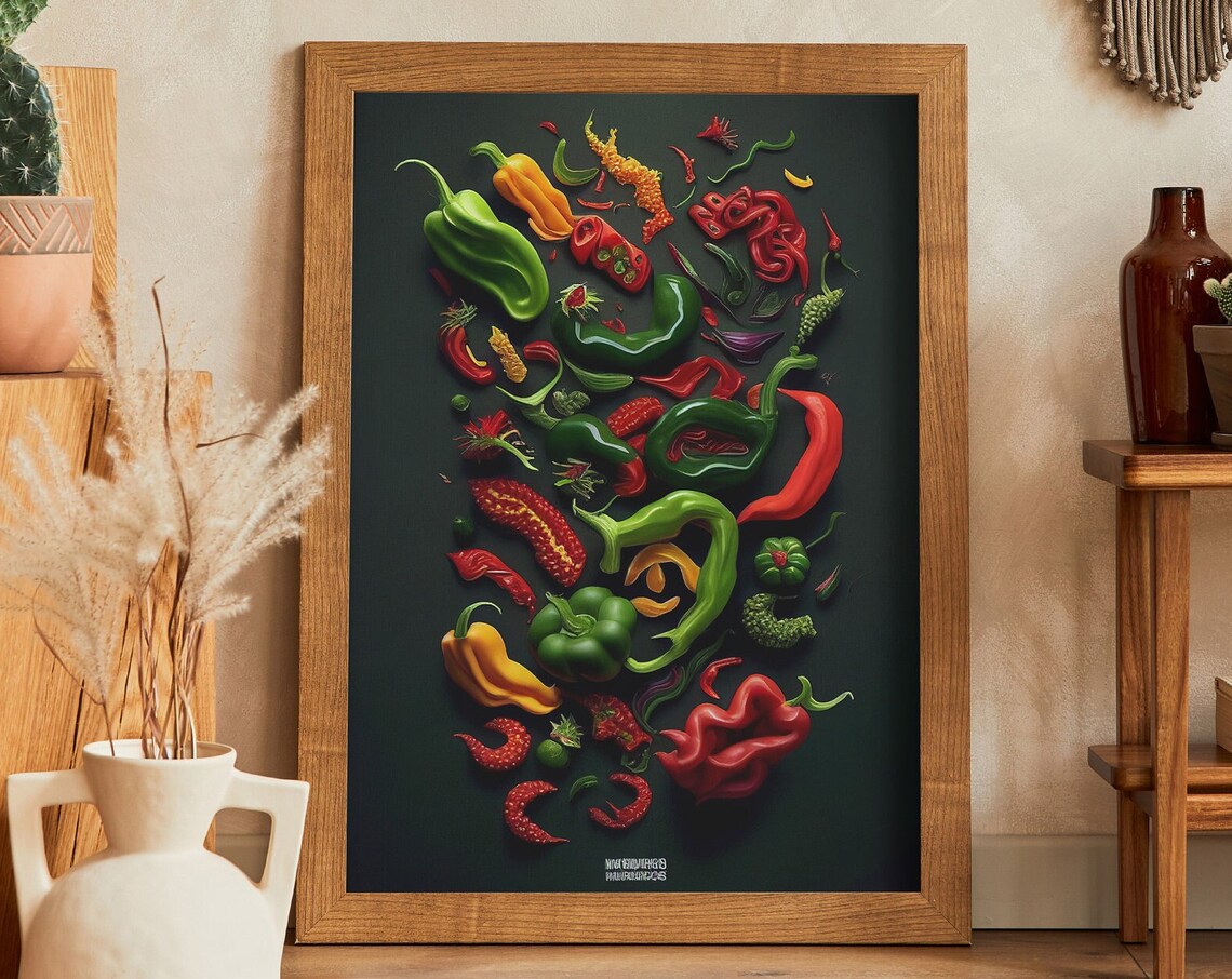 Floating Chili Peppers Surreal Dark Botanical Artwork Poster