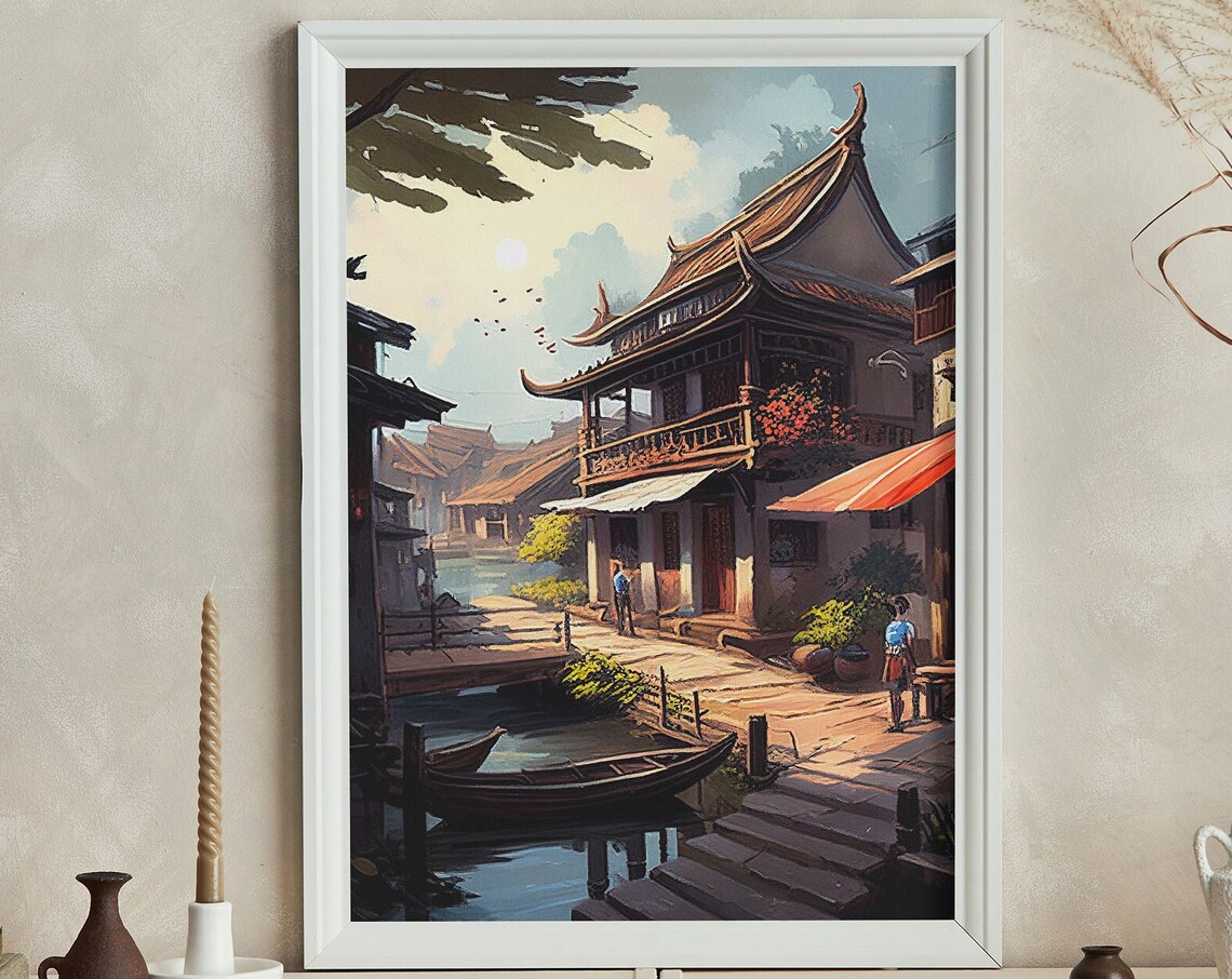 Asian Old Town Waterfront with Traditional House Boat Poster