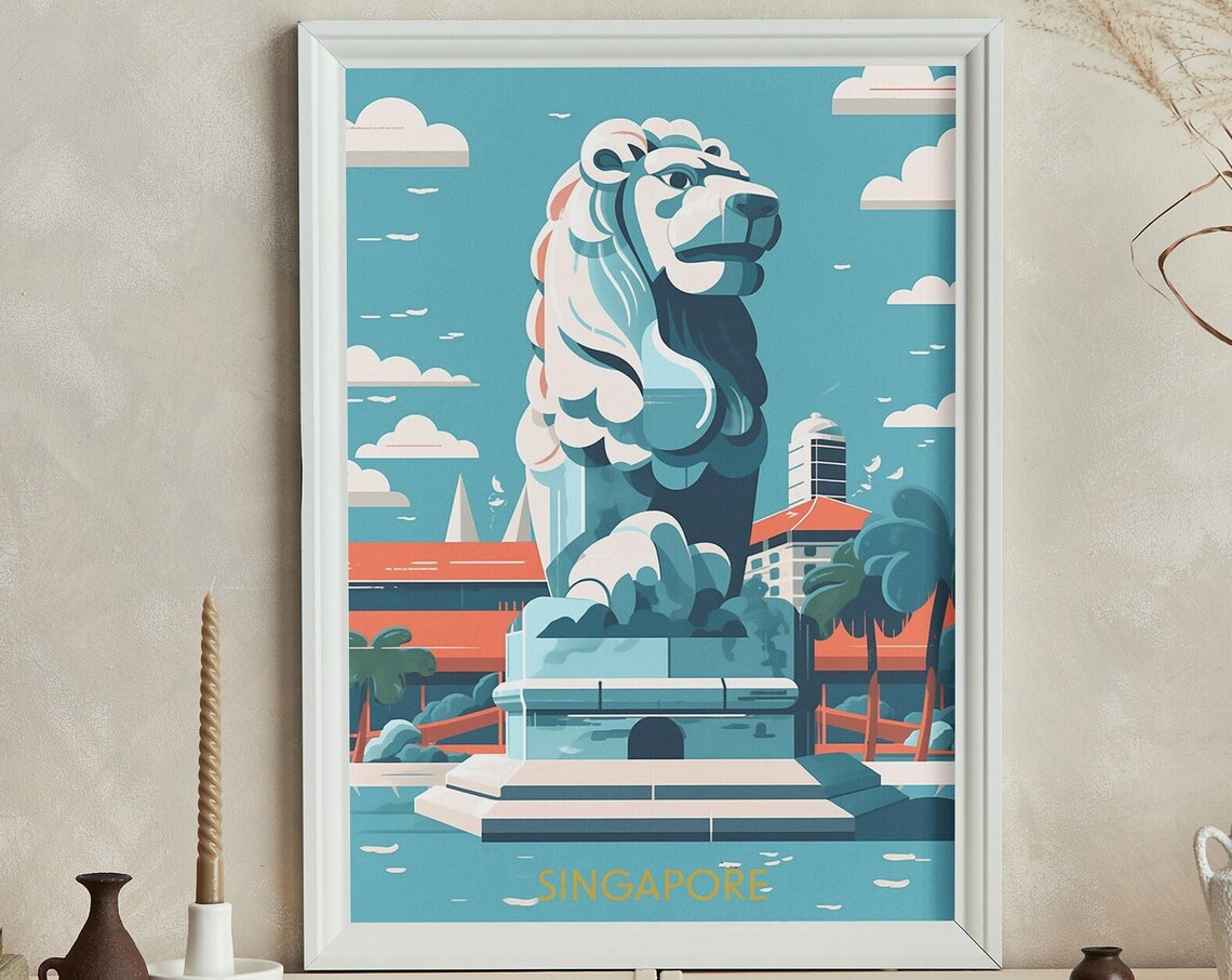 Singapore Merlion Statue Marina Bay Teal Vintage Travel Poster