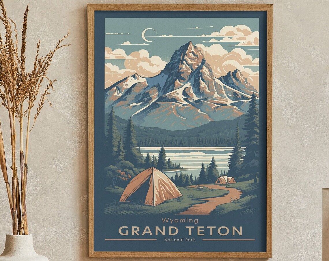 Grand Teton National Park Retro Camping Wyoming Travel Poster