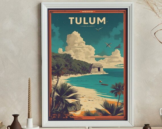 Tulum Mexico Retro Mayan Ruins Caribbean Beach Travel Poster