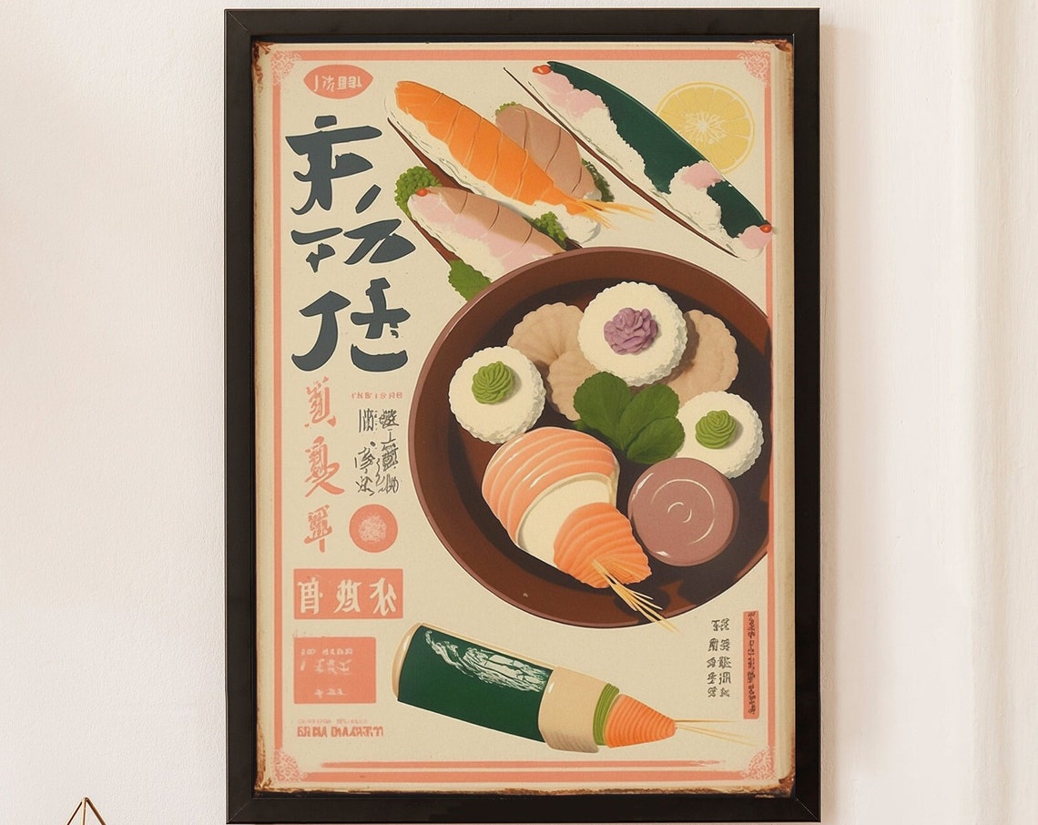 Vintage Japanese Sushi Illustration Retro Kitchen Decor Poster