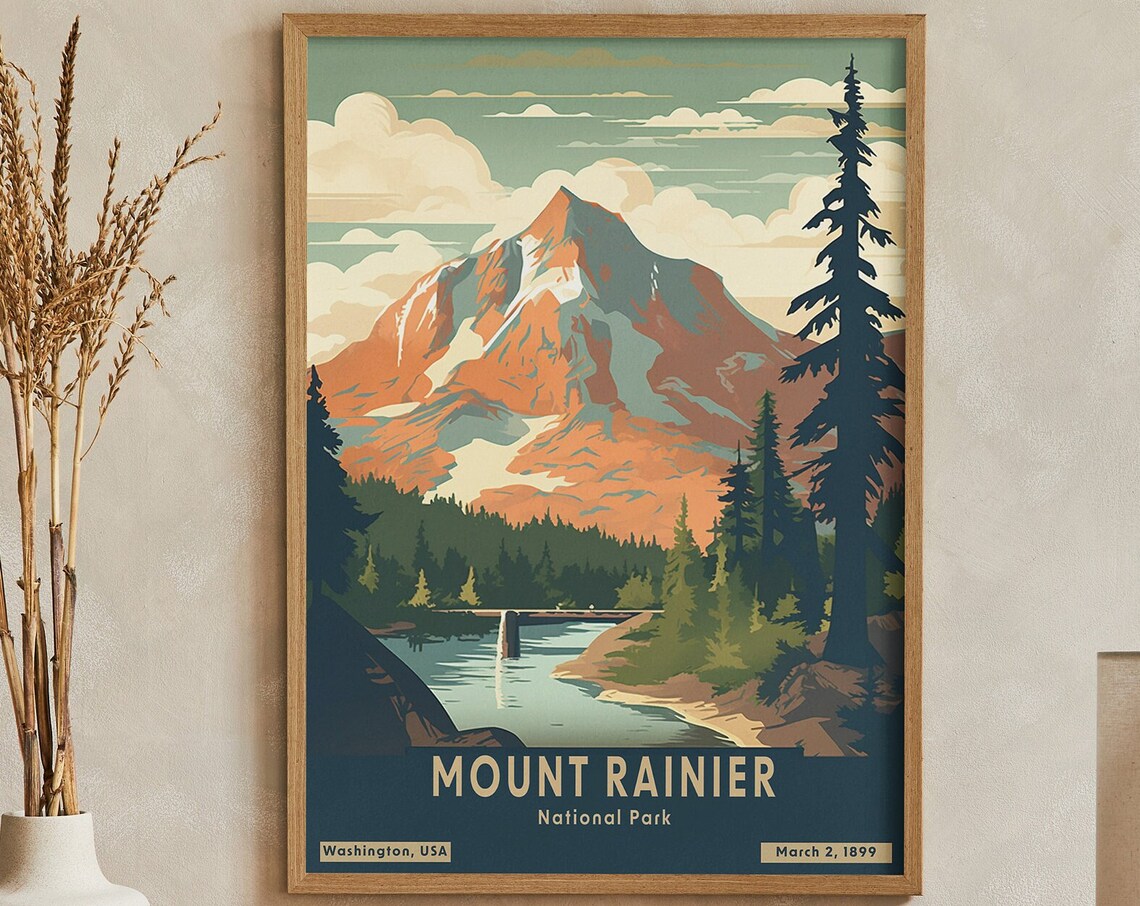 Majestic Mount Rainier Retro Washington National Park Travel Poster