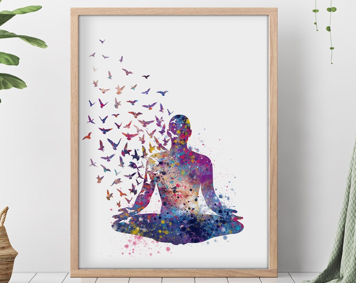 Watercolor Meditating Figure Lotus Pose Colorful Splash Art Poster