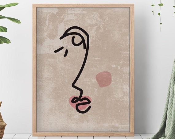 One Line Face Drawing Abstract Female Face Print Abstract Art Continuous Line Black Beige Wall Art Minimal Wall Art