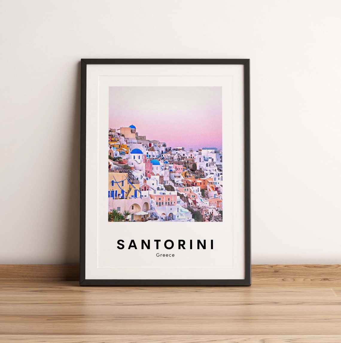 Santorini Greece Travel Poster of Cliffside Village at Sunset