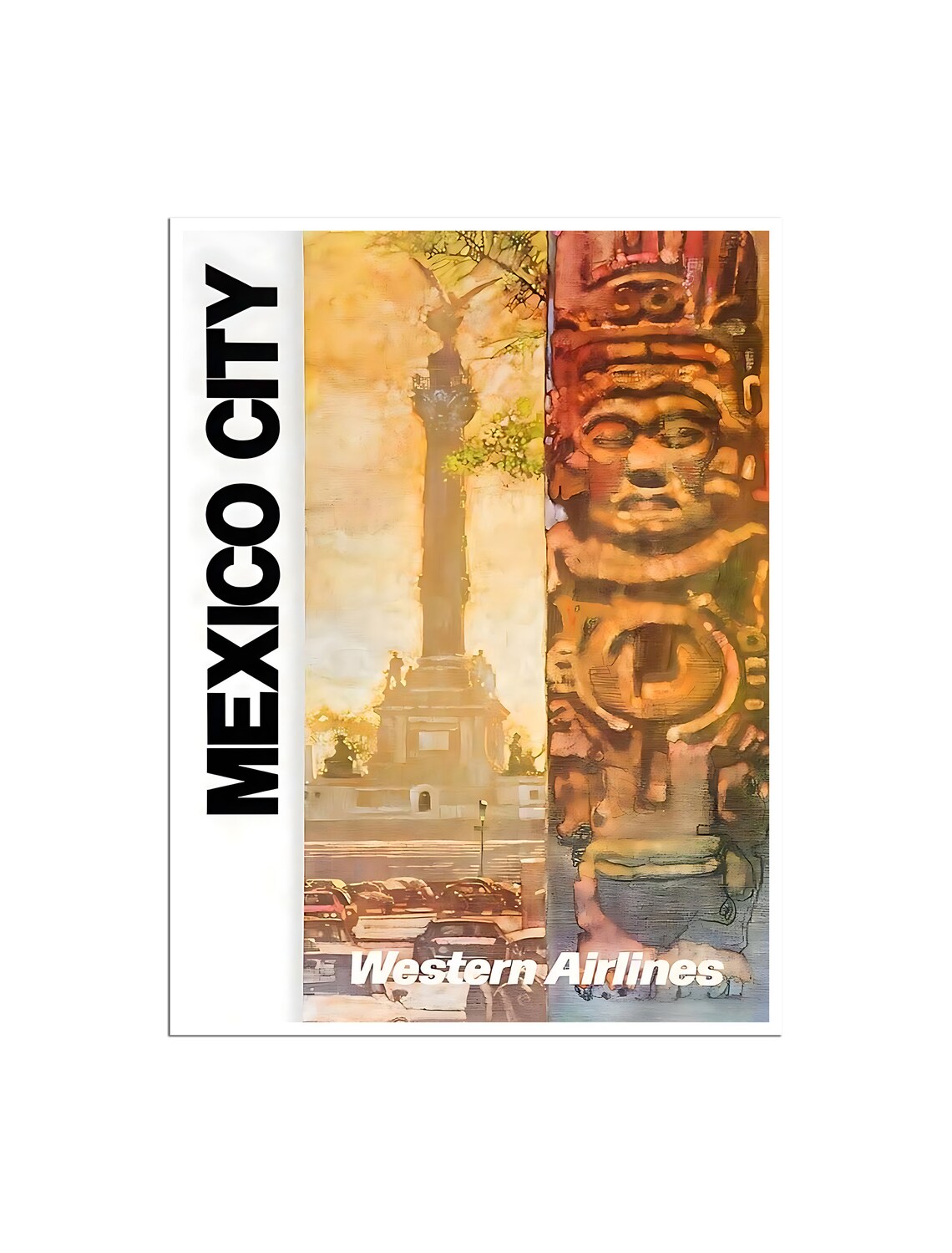 Mexico City Western Airlines Aztec Stone Carving Column Travel Poster