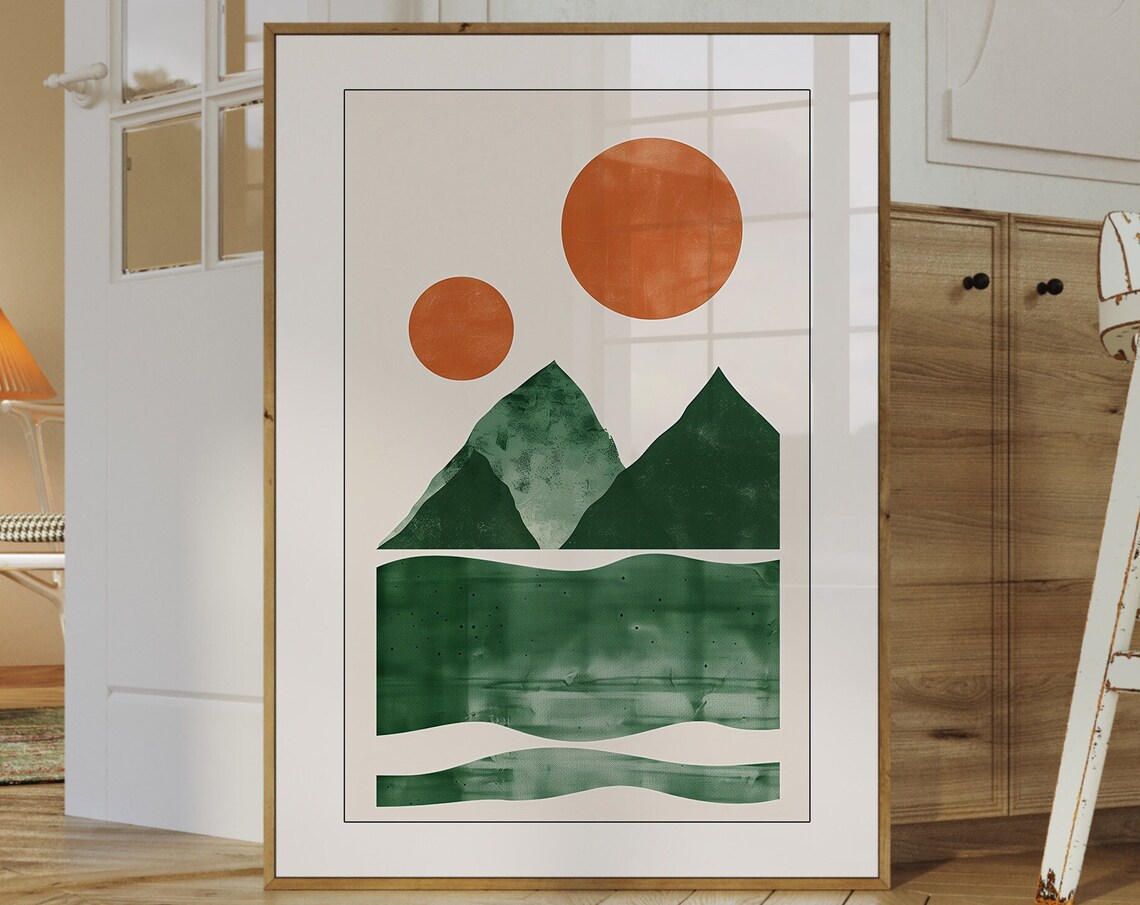 Green Abstract Landscape Poster, Boho Mountain Print
